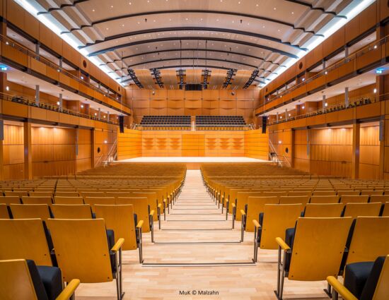 Blick in den Konzertsaal vom mittleren Eingang auf die Bühne der Musik- und Kongresshalle Lübeck