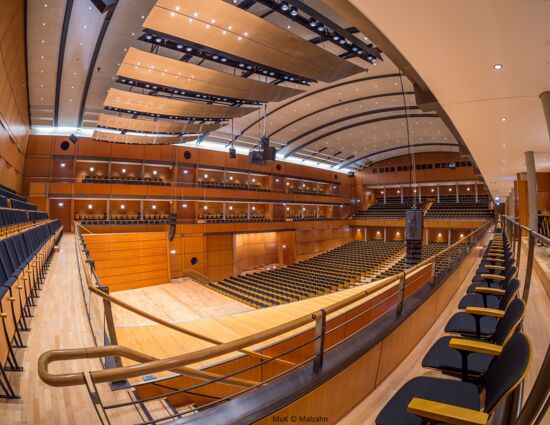 Fisheye Aufnahme des Konzertsaals vom Rang hinter der Bühne der Musik- und Kongresshalle Lübeck